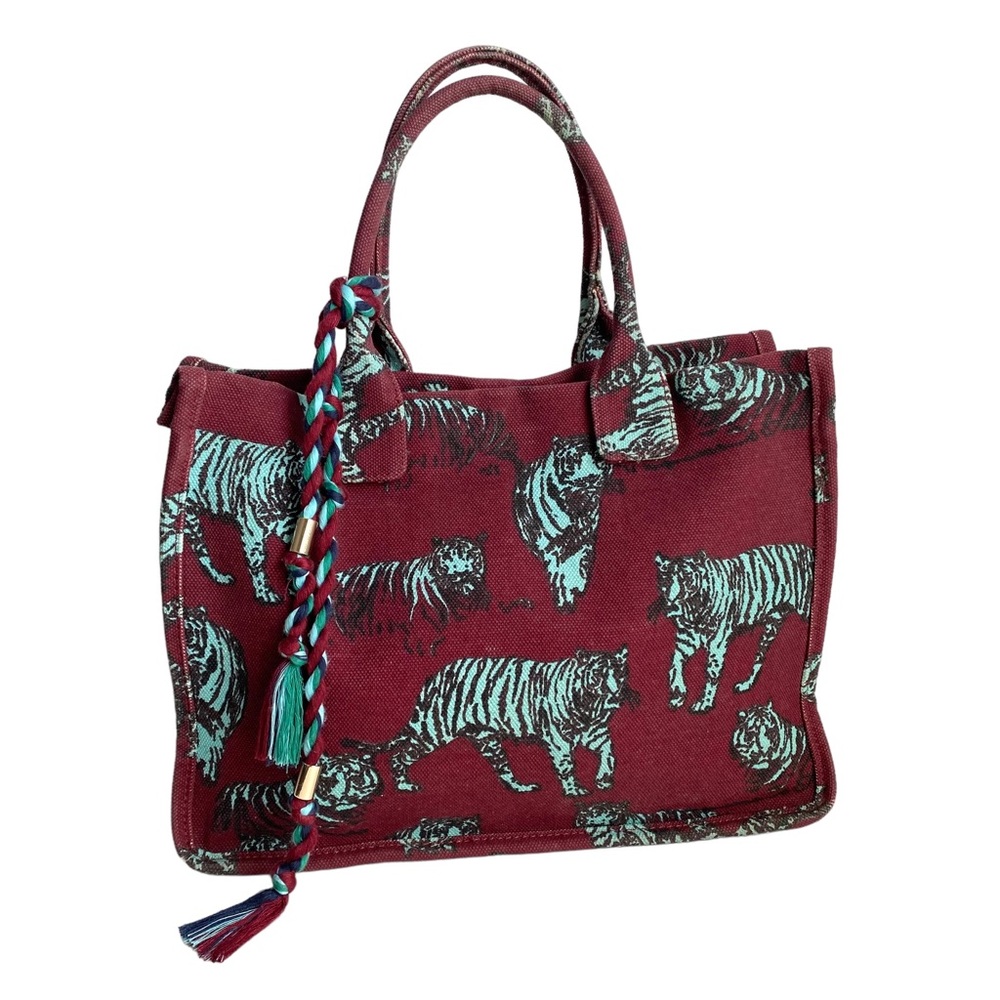 Vince Camuto Orla Tote Bag Tiger Maroon Aqua Canvas Purse Work Beach Carryall